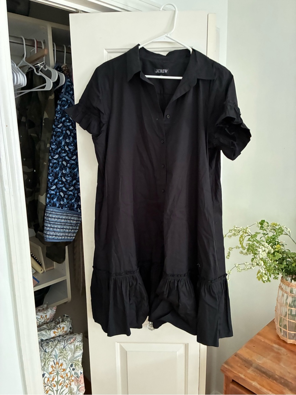 J. Crew Black Short-Sleeve Tiered Shirt Dress